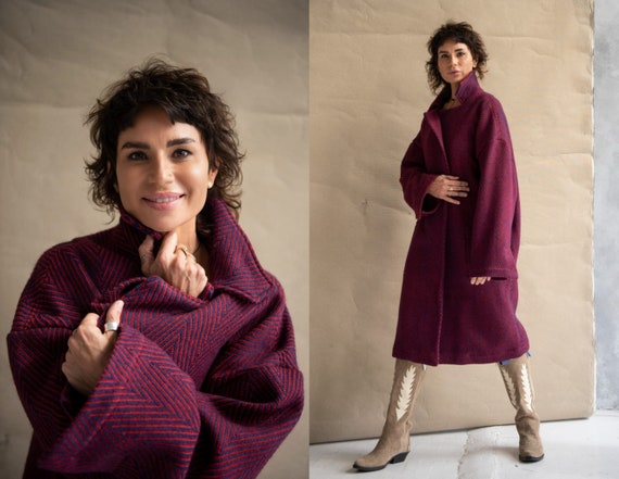 Purple Herringbone Wool Coat Women Box Wool Coat With Wide Sleeves
