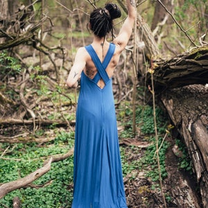 Summer blue cross back dress with train Bohemian dress maxi with backless back Festival style dress slow fashion image 8