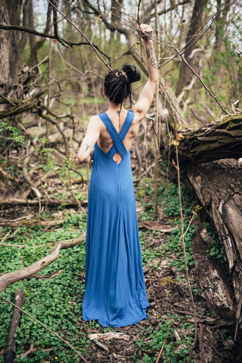 Summer blue cross back dress with train Bohemian dress maxi with backless back Festival style dress slow fashion image 8