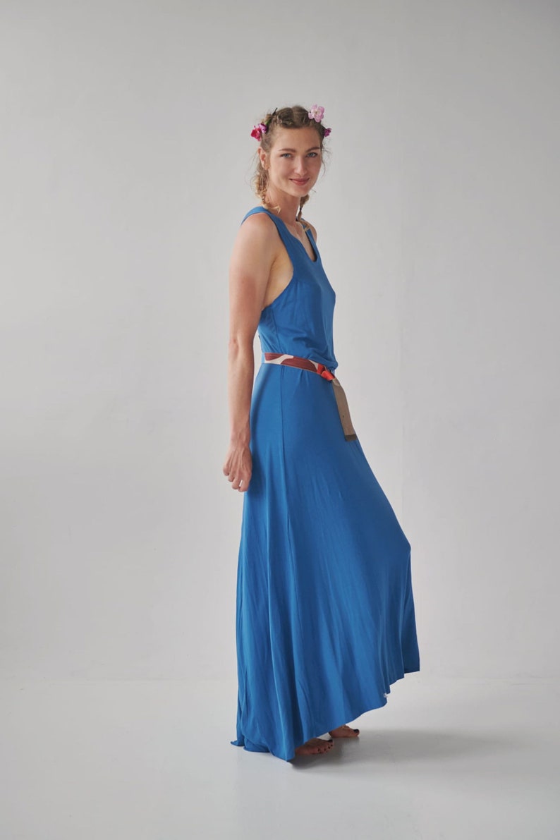 Summer blue cross back dress with train Bohemian dress maxi with backless back Festival style dress slow fashion image 4
