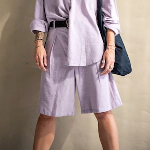 Lilac set with bermuda shorts and blouse for women - Cotton fleece shorts with pockets - Loose pastel purple shorts