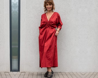 New in: Elegant front ruched drawstring long dress with deep V neckline and long sleeves | Loose red maxi dress for spring | Limited edition