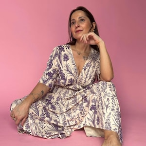 Ecru Cottagecore Maxi Dress - Purple Floral Long Dress - Romantic Boho Gown - Fairytale Festival Outfit
