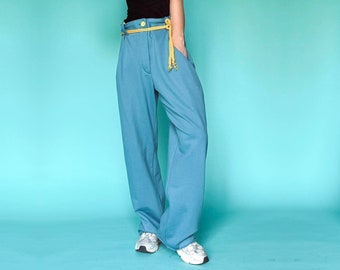 New in: Blue elegant sweatpants wide leg with pockets all year round | Loose sweatpants with rushed edges | Multiway sweatpants on buttons