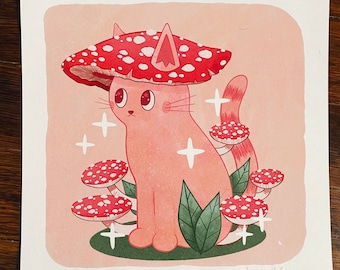 Pink Mushroom Cat Mini Print