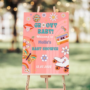 Cartel de bienvenida para baby shower de los años 70, plantilla digital de Canva colorida y retro hippie para celebraciones divertidas, regalo perfecto para la futura mamá