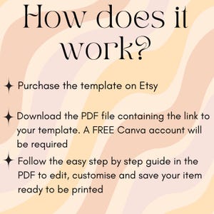 May include: A graphic with a pink, orange, and white wavy background. The text "How does it work?" is at the top of the graphic. The graphic lists the steps to use a digital template: purchase the template on Etsy, download the PDF file containing the link to your template, and follow the easy step-by-step guide in the PDF to edit, customize, and save your item ready to be printed.