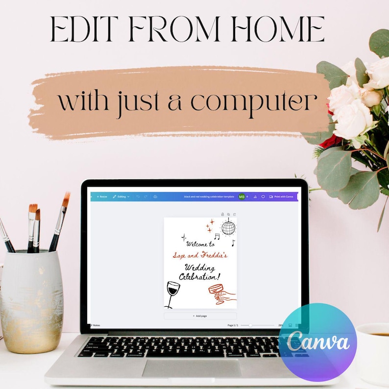 May include: A laptop computer screen displaying a wedding invitation template on Canva. The invitation features a red wine glass, a disco ball, and the text "Welcome to Sage and Freddie's Wedding Celebration!"