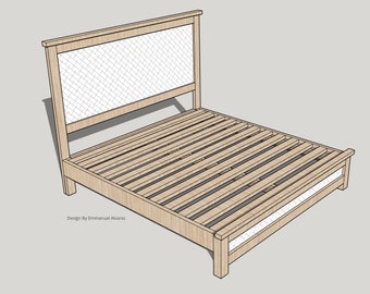 May include: A wooden bed frame with a slatted base and a headboard featuring a woven lattice design. The bed frame is light brown in colour. "Design By Emmanuel Alvarez" is printed below the bed frame.