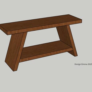 May include: A dark brown wooden bench with a shelf. The bench has a simple, modern design with angled legs.