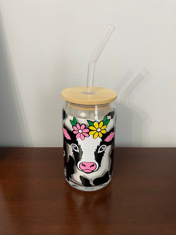 Cute Cow Beer Can Iced Coffee Glass Cup With Lid and Straw Glass Tumbler  With Straw and Lid Iced Coffee Cup Libbey Glass Glass Can 
