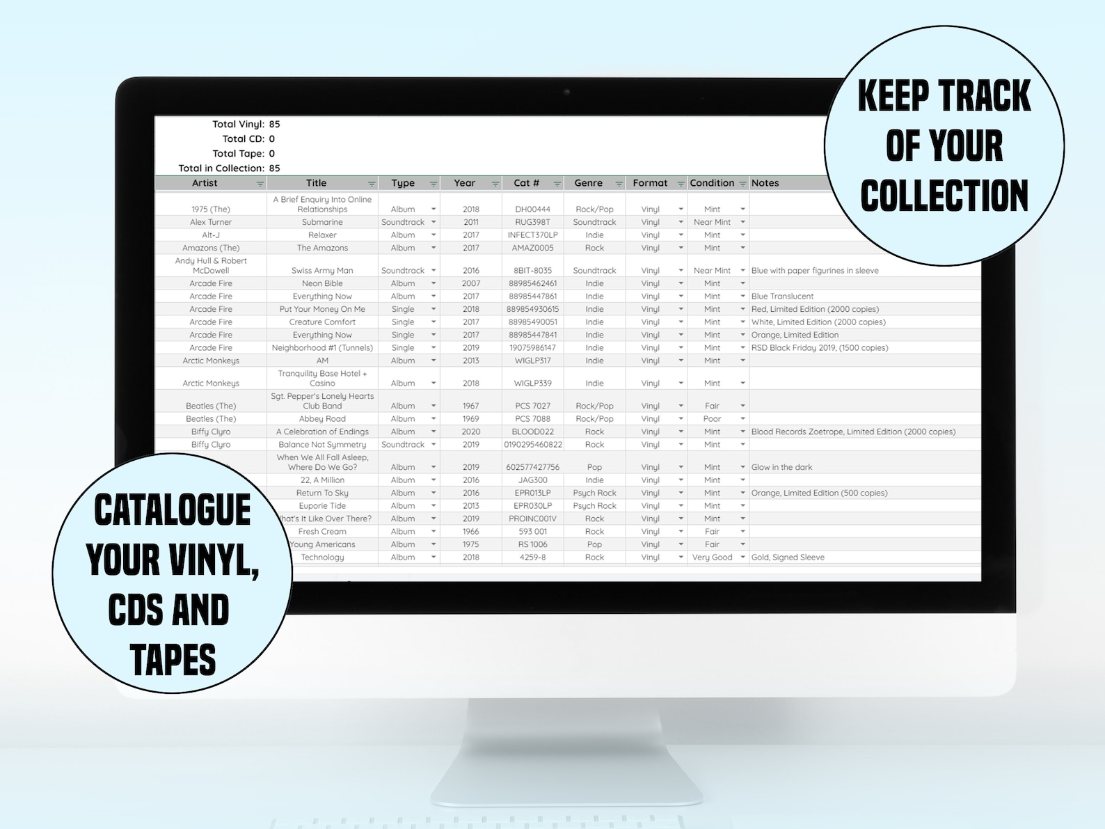 Music Collection Spreadsheet Library for Vinyl, Tape and CD Google