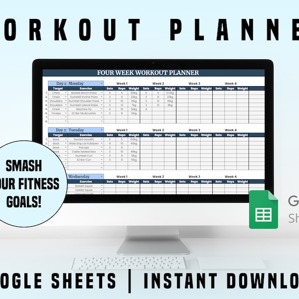 Workout Planner Spreadsheet | Google Sheets Template | Personalise Your Plan & Meet Your Exercise/Gym Goals