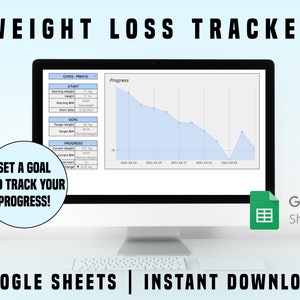 May include: A computer screen displaying a Google Sheets spreadsheet with a weight loss tracker. The spreadsheet includes a chart showing progress over time, with a blue line representing weight loss. The text "SET A GOAL AND TRACK YOUR PROGRESS!" is displayed in a circle on the left side of the screen. The text "Google Sheets" is displayed in a green box on the right side of the screen. The text "GOOGLE SHEETS | INSTANT DOWNLOAD" is displayed at the bottom of the image.