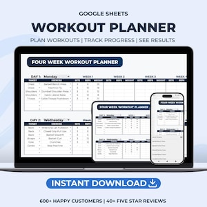 May include: A digital workout planner displayed on a laptop, tablet, and smartphone. The screen shows a four-week workout plan with sections for exercises, sets, reps, and weight. The text "WORKOUT PLANNER" is at the top.