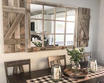 Farmhouse Wall Decor Window Mirror with Shutters, Rustic Window Mirror, Window Pane Mirror, Wall Mirror, Rustic Mirror, Large Window Mirror