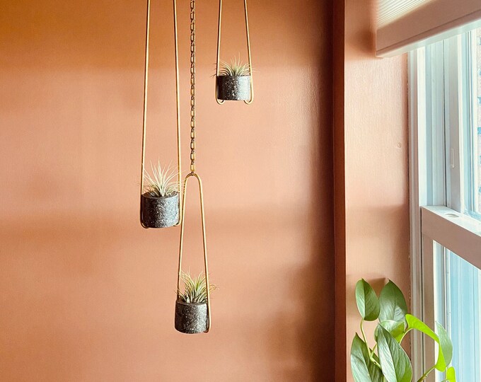 Featured listing image: Hanging Air Plant Holder | Dark Gray Concrete, Brass & Green Reclaimed Glass | Handmade Hanging Airplant Holder