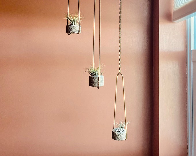 Featured listing image: Hanging Air Plant Holder | Chunky Concrete, Brass & reclaimed Materials Handmade Hanging Airplanter