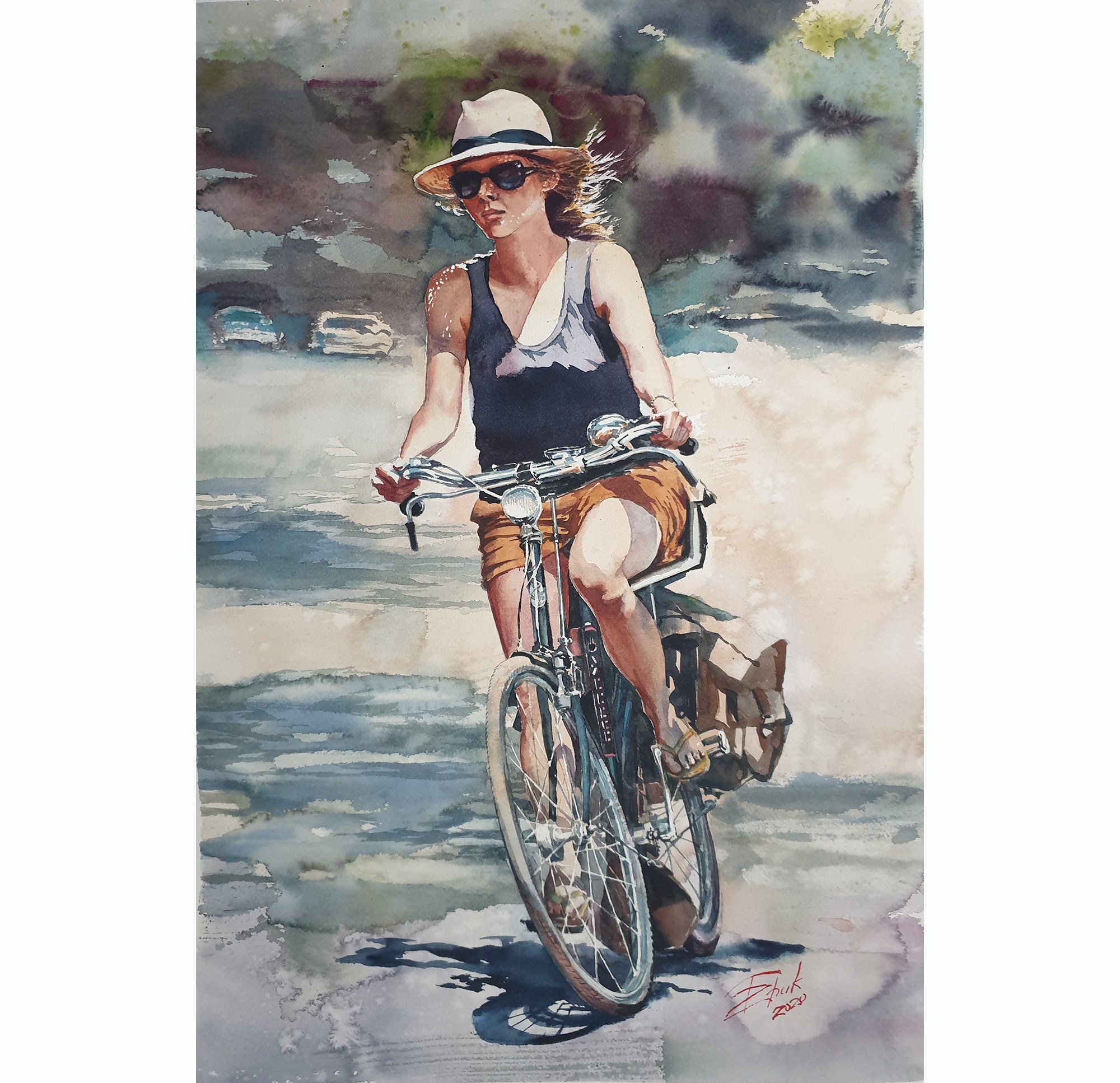 Bike Ride Bright Original Watercolor Watercolor Art Positive Etsy