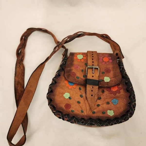 1970 Vintage Floral Leather Purse with Long Handles.