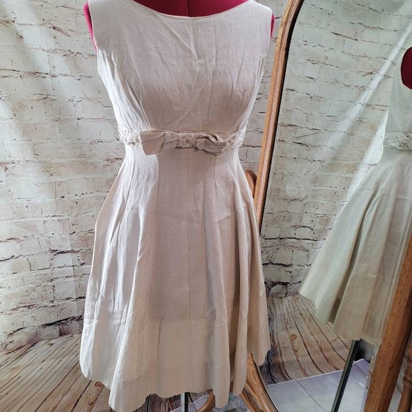 Vintage Cream grad or dance or wedding dress youthful style, bow and embellishments.