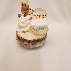 Schmid, Hand Painted, Beatrix Pottery, Momma and Baby Mice, Music Box Song the tail of two bad mice.