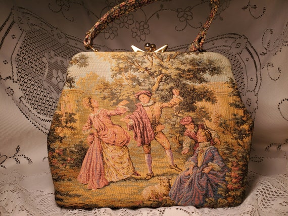 Vintage needlepoint tapestry purse romantic scene