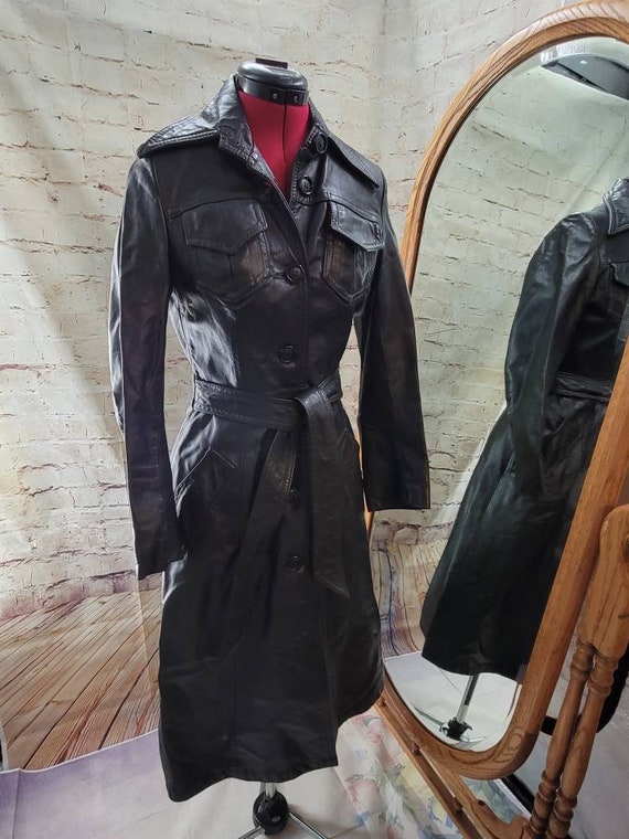 Vintage long black leather coat, woman's size smal