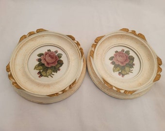 2 Vintage, Antique Rose petit point, Wall Hanging, Rose Needle Point, Round Frame