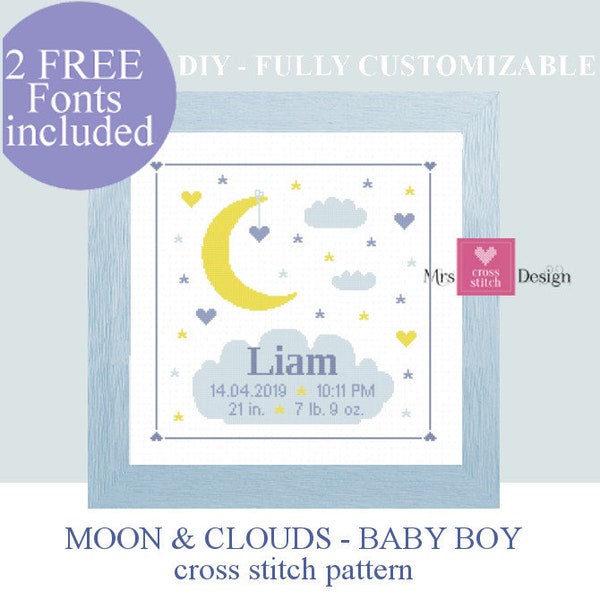 Moon stars & clouds baby cross stitch pattern. Cross stitch baby birth sampler. Birth announcement. newborn. Baby boy. Instant PDF downloads