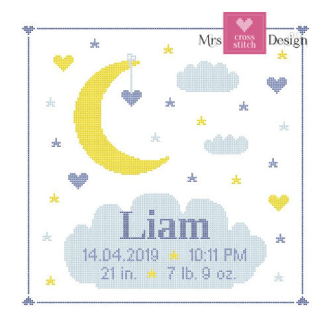 Moon stars & clouds baby cross stitch pattern. Cross stitch Etsy
