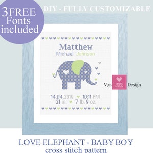 Elephant love baby cross stitch pattern. Cross stitch baby birth sampler. Birth announcement. newborn. New baby boy. Nursery decor wall.PDF