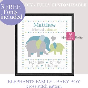 May include: Cross stitch pattern featuring a family of three elephants in blue, green, and gray. The pattern includes the name Matthew Michael Johnson, the date 14.04.2019, the time 10:11 PM, and the measurements 21 in. and 7 lb. 9 oz.