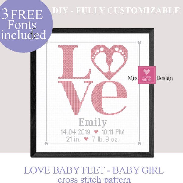 Love baby feet cross stitch pattern. Cross stitch baby birth sampler. Birth announcement. newborn. Baby girl. Instant PDF downloads