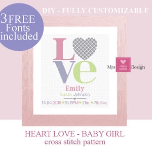 Baby heart LOVE cross stitch pattern. Cross stitch baby birth sampler. Birth announcement. newborn. Baby girl. Instant PDF downloads