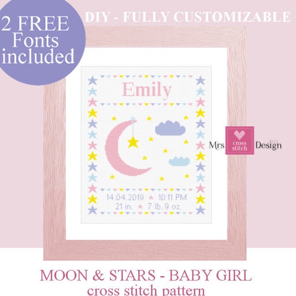 Moon & stars baby cross stitch pattern. Cross stitch baby birth sampler. Birth announcement. newborn. Baby girl. Instant PDF downloads