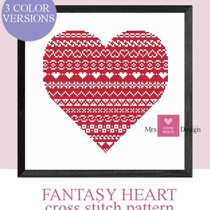 Fantasy heart cross stitch pattern.  Home decoration. Valentine&#39;s Day. Love. 3 color versions. PDF instant download