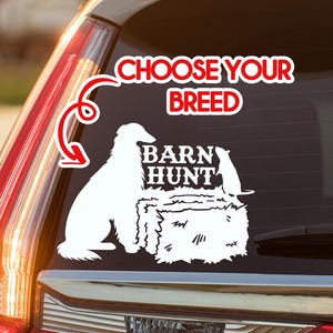 May include: White vinyl car decal featuring a dog and cat with the text "BARN HUNT". Above the image is the text "CHOOSE YOUR BREED" with an arrow pointing to the dog and cat illustration. The decal is on the rear window of a white car.