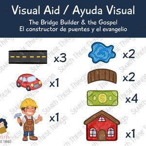 May include: A visual aid with the text "Visual Aid / Ayuda Visual" and "The Bridge Builder & the Gospel". The image includes illustrations of a road, a red car, a blue puddle, a bridge, a banknote, a house, and a construction worker.