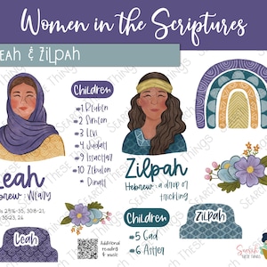 May include: A digital illustration titled "Women in the Scriptures" featuring Leah and Zilpah. The artwork includes portraits of the women, a rainbow, and floral elements. Text includes Hebrew meanings and biblical references.
