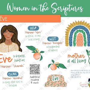Peut inclure: Illustration colorée intitulée "Women in the Scriptures" avec Eve. L'image comprend un portrait d'Ève, un arc-en-ciel et du texte décrivant son rôle. Des éléments supplémentaires incluent des fruits et des illustrations botaniques, et un code QR.