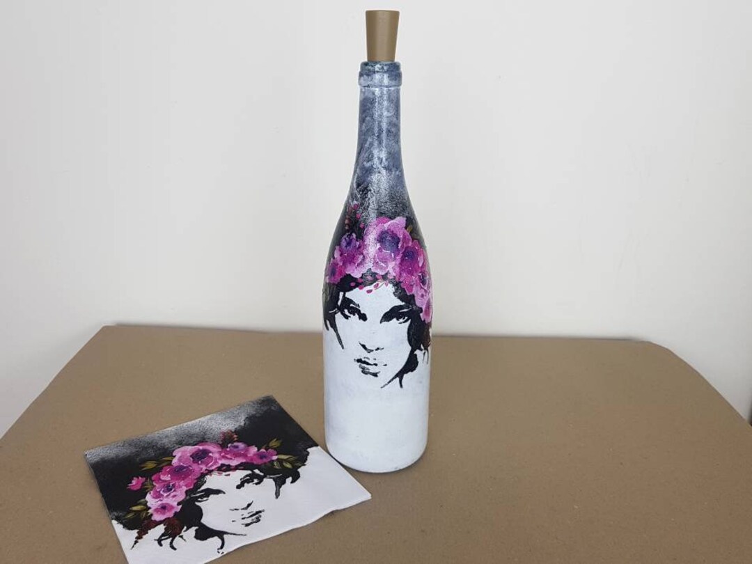 Decoupage Bottle Lamp With Led Lights, Woman Portrait, Handmade Gift Etsy
