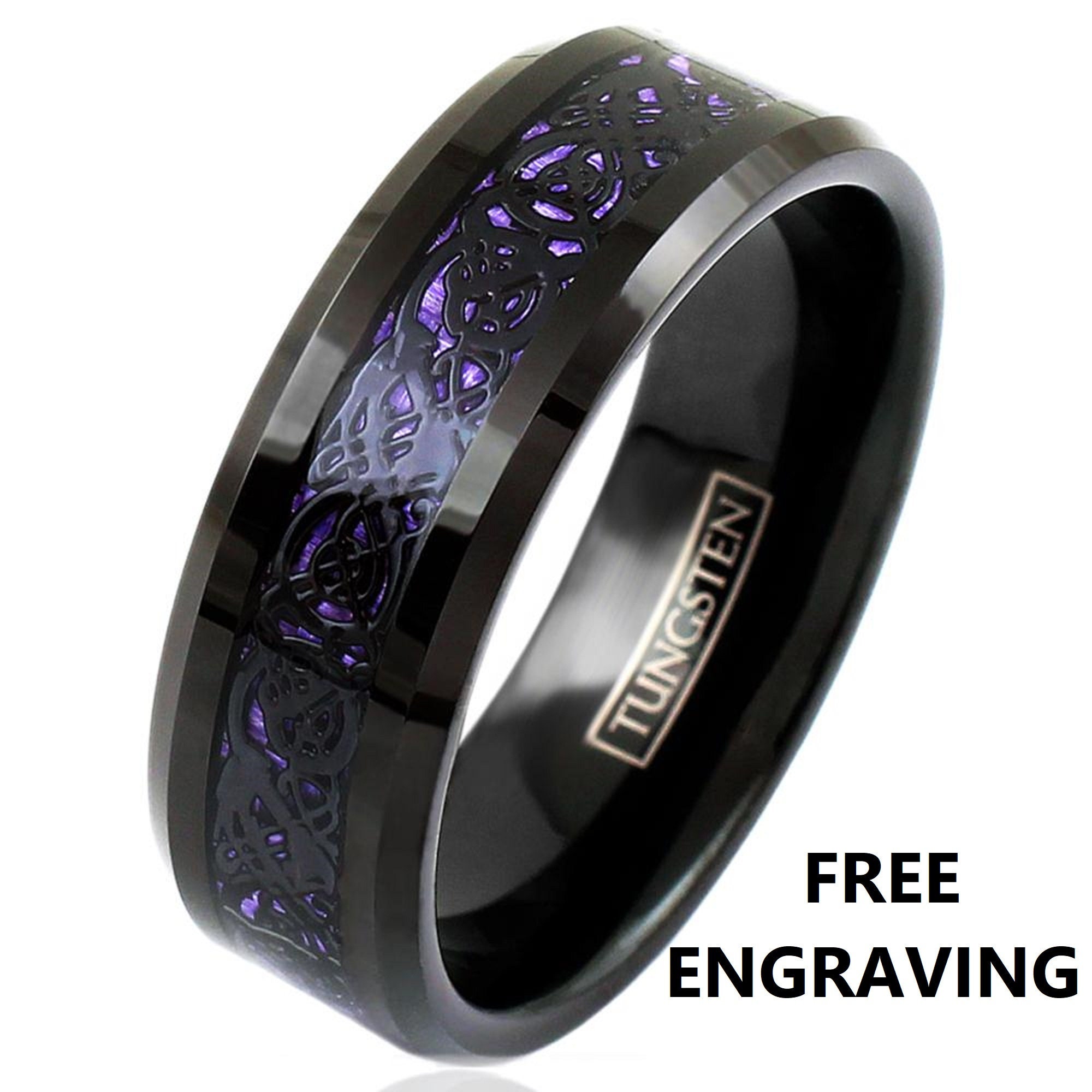 8mm Comfort Fit Black Tungsten Ring Band with Black Celtic Dragon on Purple Faux Carbon Fiber Inlay, Purple and Black Wedding Rings,