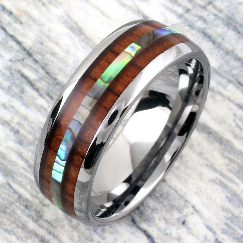 8mm Tungsten Genuine Hawaiian Koa Wood Paua Abalone Comfort Fit Dome Ring #4 8mm Tungsten Genuine Hawaiian Koa Wood Paua Abalone Comfort Fit Dome Ring #4