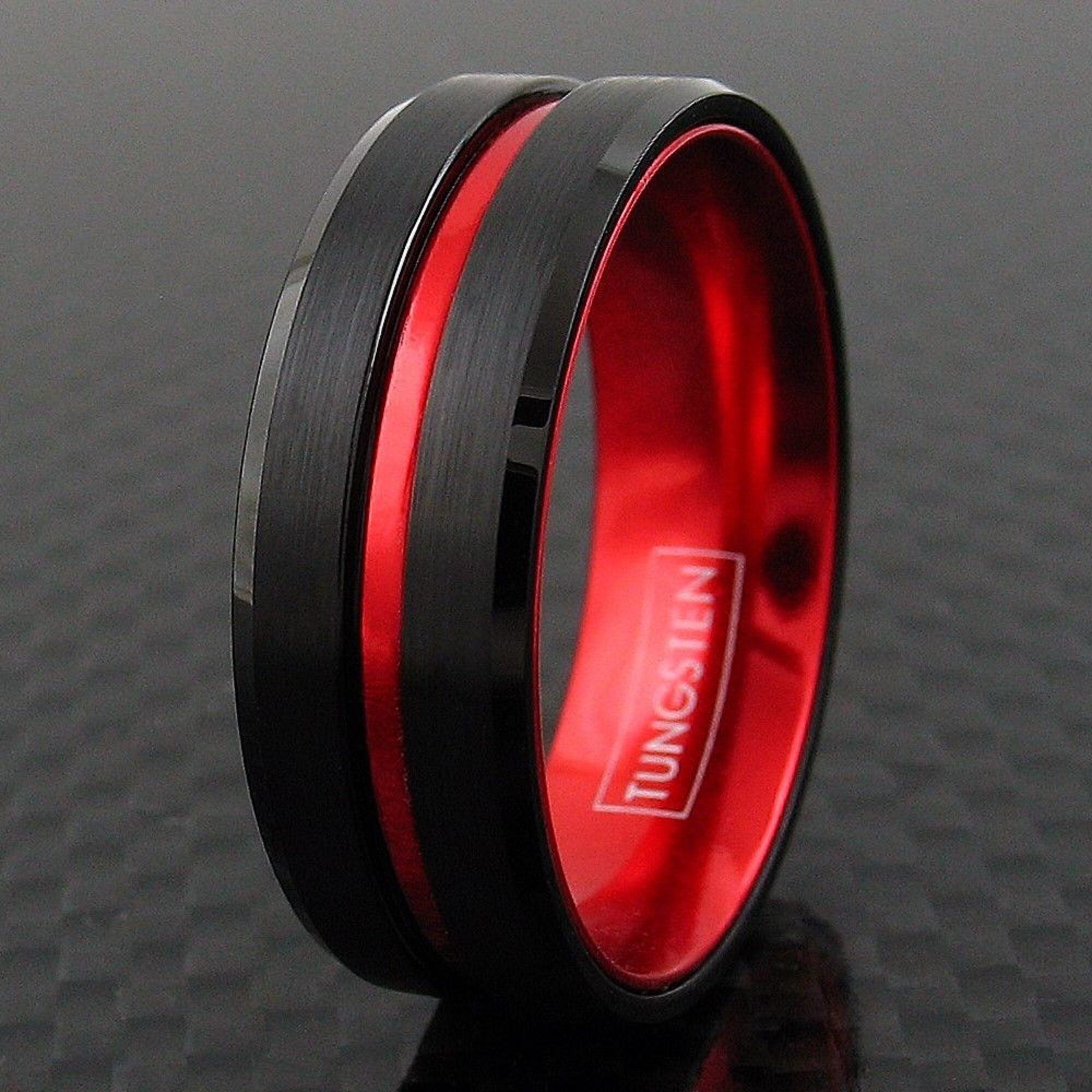 Red and Black Tungsten Ring Thin Red Line Ring Firefighters Etsy