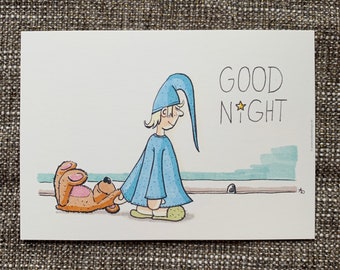 Karte GOOD NIGHT Schlafwandler von Hand gezeichnet - Druck der Originalzeichnung