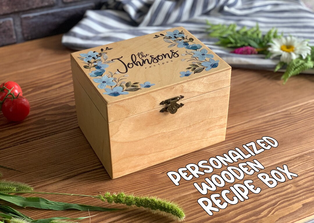 Personalized Wood Recipe Box With Recipe Cards and Wooden Etsy