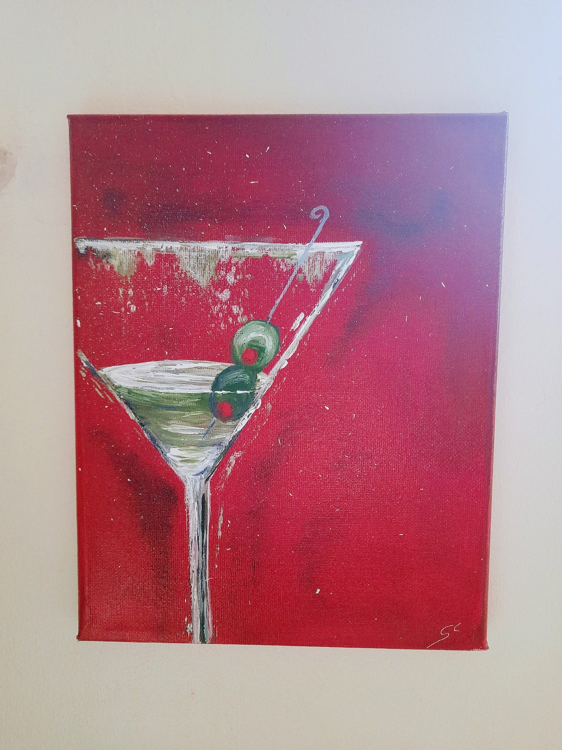 Original Martini Cocktail Painting Wall Art on Canvas // half Drunk