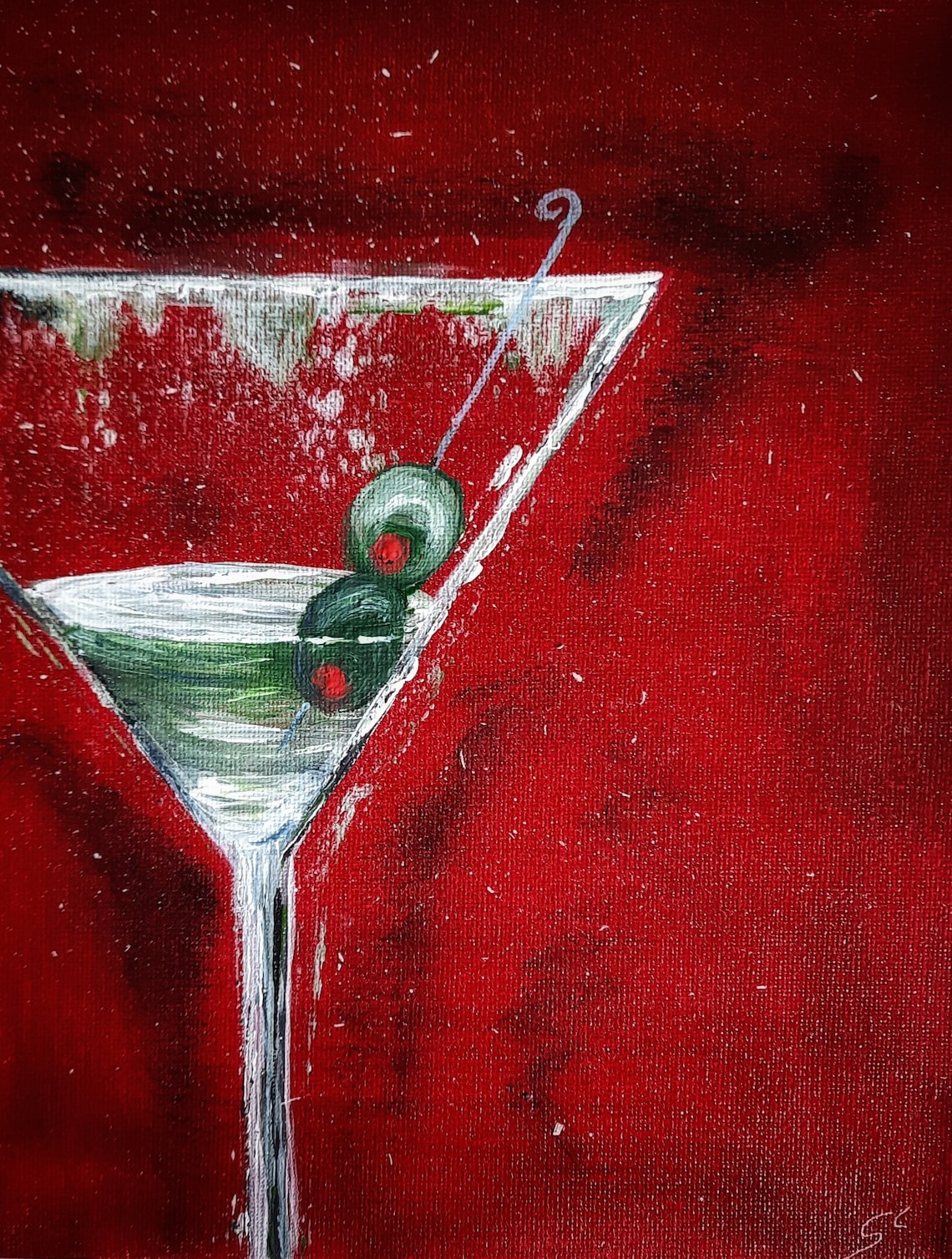 Original Martini Cocktail Painting Wall Art on Canvas // half Drunk