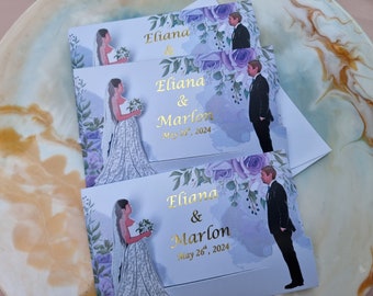 Invitación de boda de novia deslizante para boda, caras personalizadas, suite de invitación de boda en movimiento con lámina dorada, dibujos animados románticos